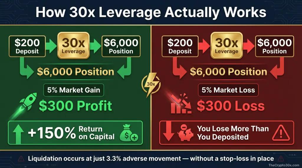 Infographic showing how 30x leverage works on Crypto30x.com with gain and loss calculation examples for crypto traders
