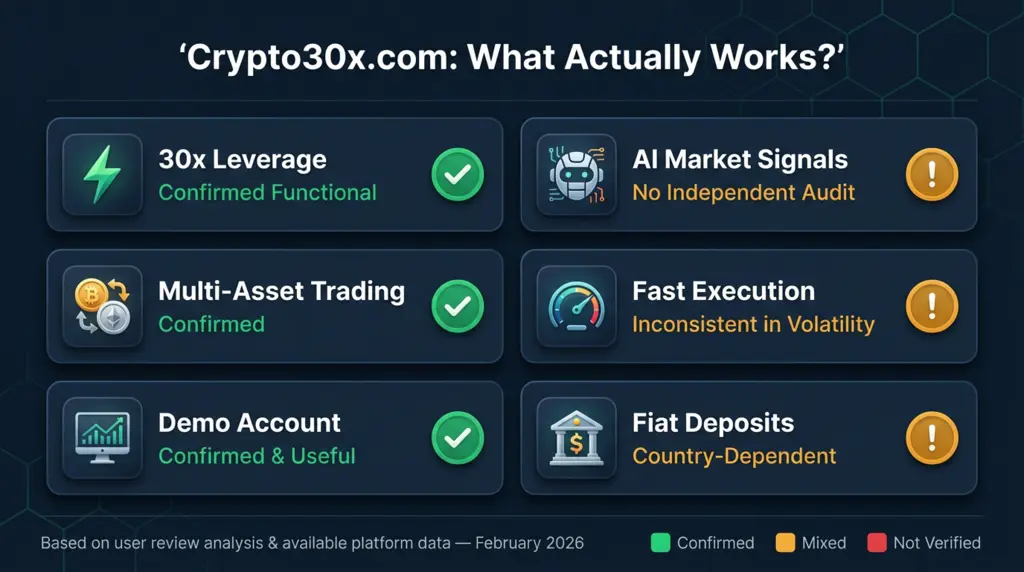 Crypto30x.com features comparison chart showing claimed vs verified platform capabilities for leverage crypto trading 2026
