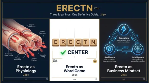Erectn split-meaning guide showing erectile function physiology word scramble CENTER and digital business mindset concept diagram