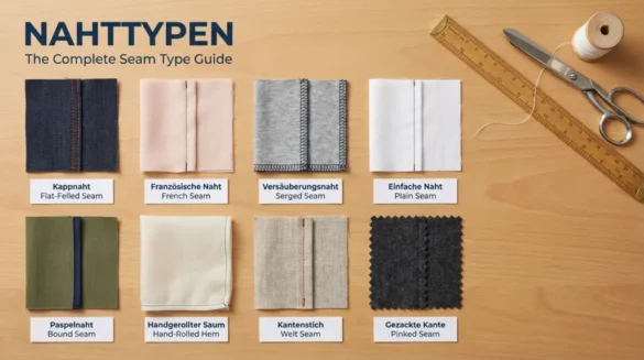 Nahttypen seam types guide showing French seam flat-felled seam overlock seam and plain seam on fabric swatches with labels