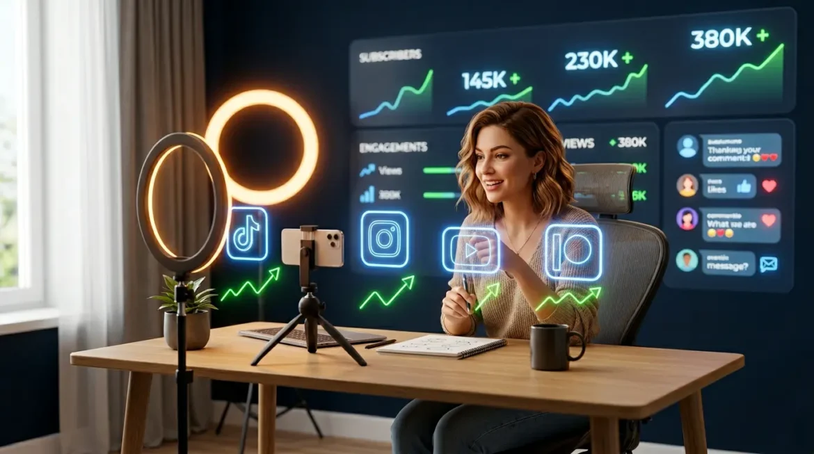 3D photorealistic scene showing Ilta Leti concept with creator filming content on smartphone surrounded by rising social platform icons