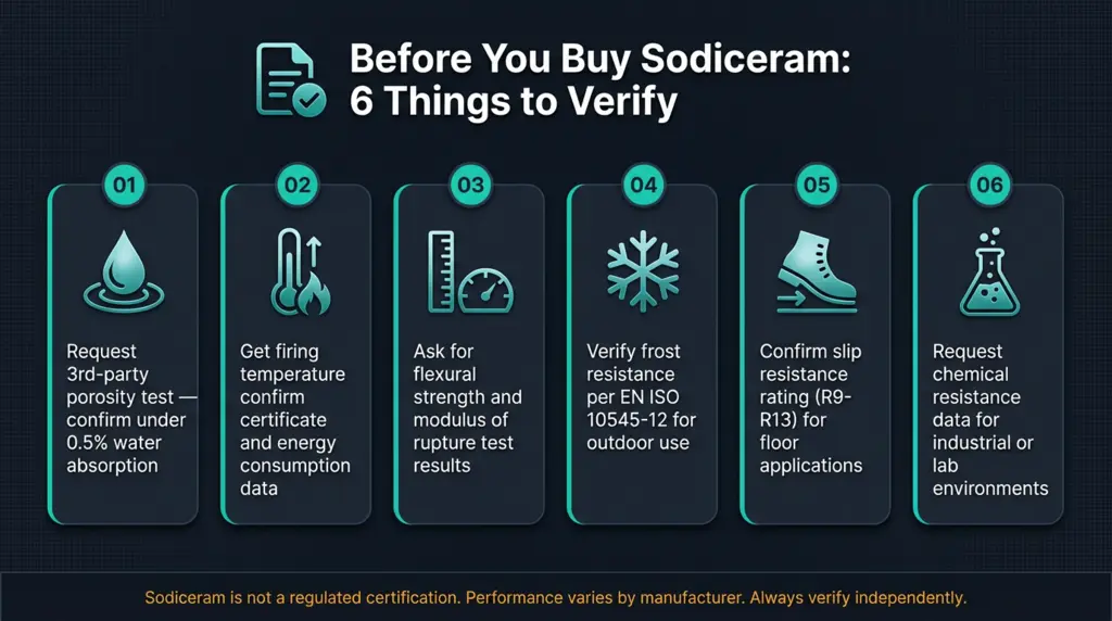Sodiceram buyer checklist showing six verification steps including technical datasheet porosity test frost resistance and slip rating requests
