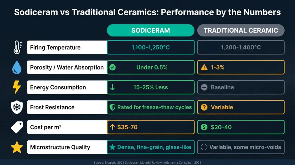 Sodiceram versus traditional ceramic comparison chart showing firing temperature porosity energy use and flexural strength differences 2026
