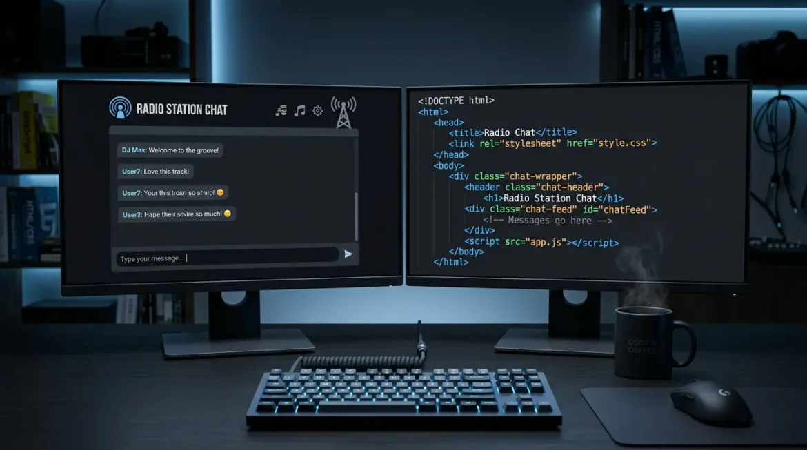3D photorealistic developer workspace showing view source HTML code of rockingwolvesradio.com chatroom on dual monitor setup