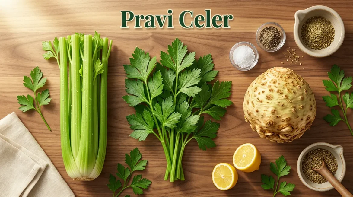 3D colorful illustration of pravi celer whole celery plant with stalks leaves and root on a natural wooden kitchen surface