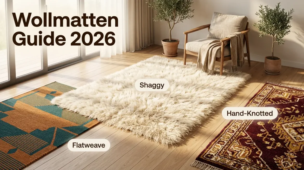 3D colorful illustration of wollmatten wool mats displayed in a cozy modern home interior with natural warm lighting